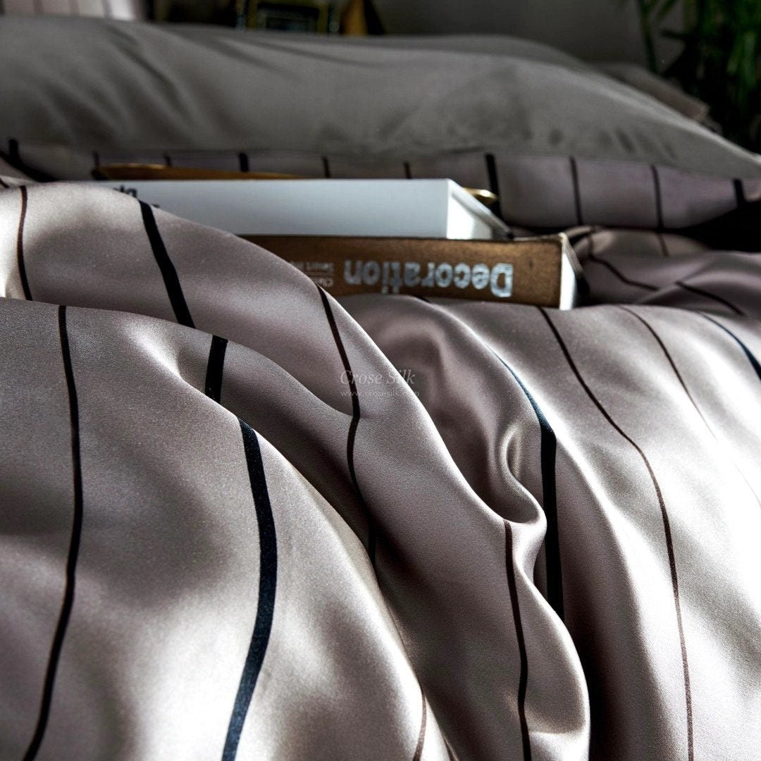 DARK GOLD Stripes - 25 Momme Mulberry Silk Bedding, Silk Duvet Cover, Silk Fitted Sheet, Silk Flat Sheet, Silk Pillowcase, 100% SILK