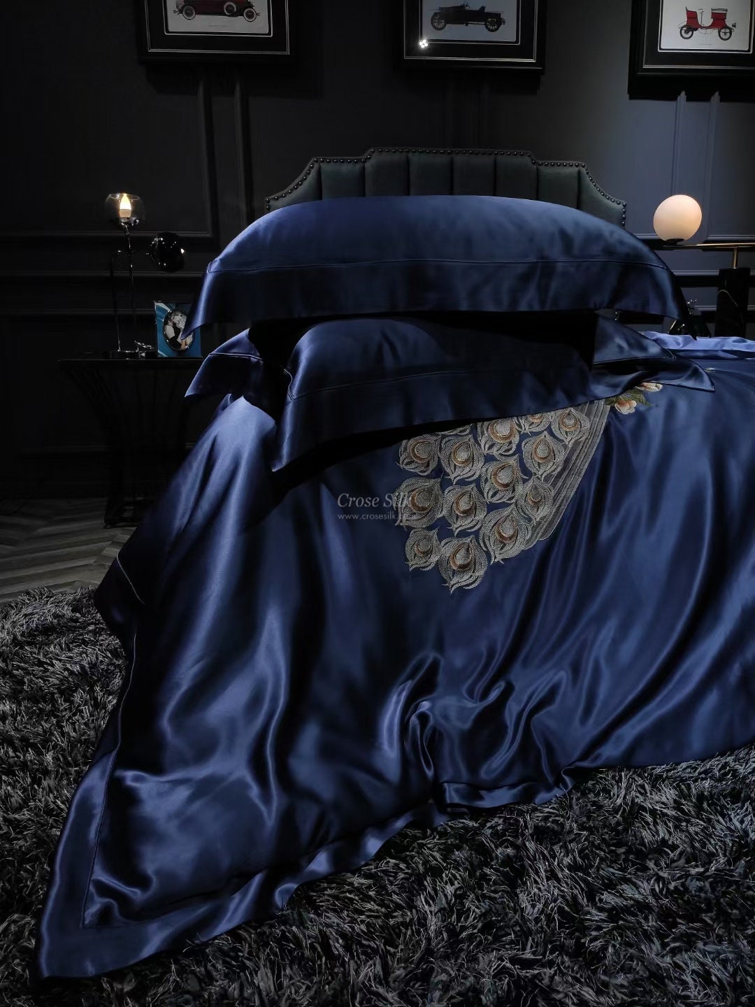 HAND DRAWN Peacock - 25 Momme 100% Mulberry Silk Bedding Set 4 pieces