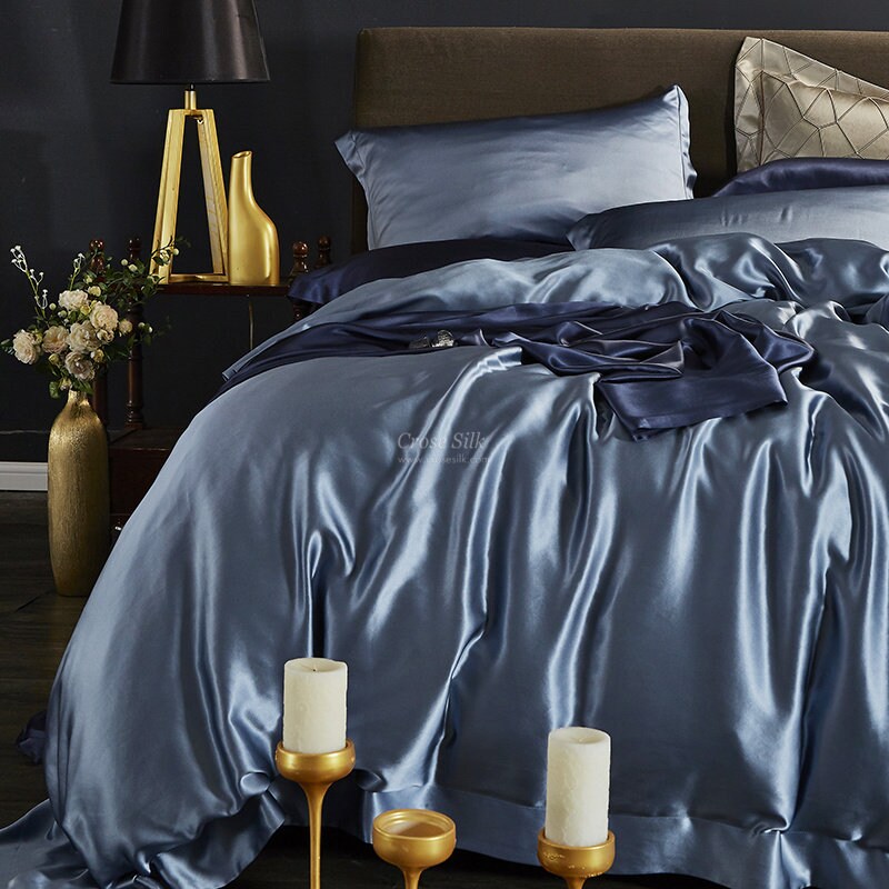 DUSTY BLUE - 25 Momme Mulberry Silk Bedding, Silk Duvet Cover, Silk Fitted Sheet, Silk Flat Sheet, Silk Pillowcase, 100% SILK