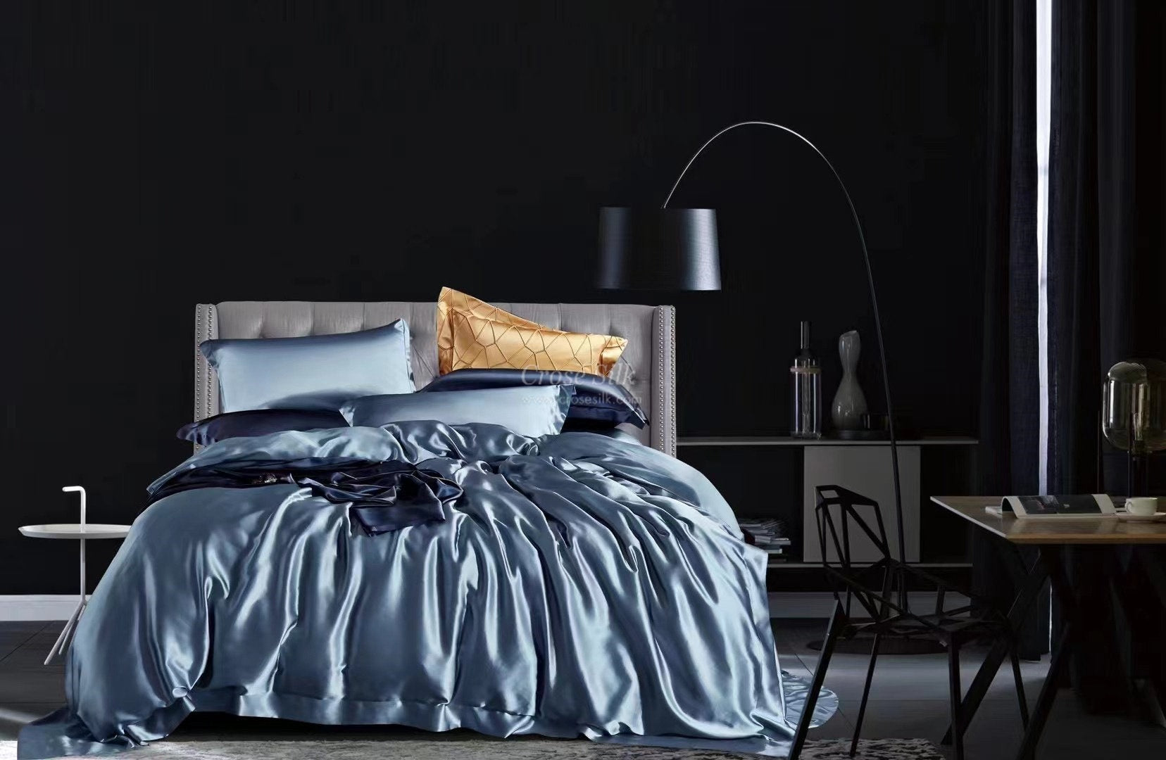 DUSTY BLUE - 25 Momme Mulberry Silk Bedding, Silk Duvet Cover, Silk Fitted Sheet, Silk Flat Sheet, Silk Pillowcase, 100% SILK