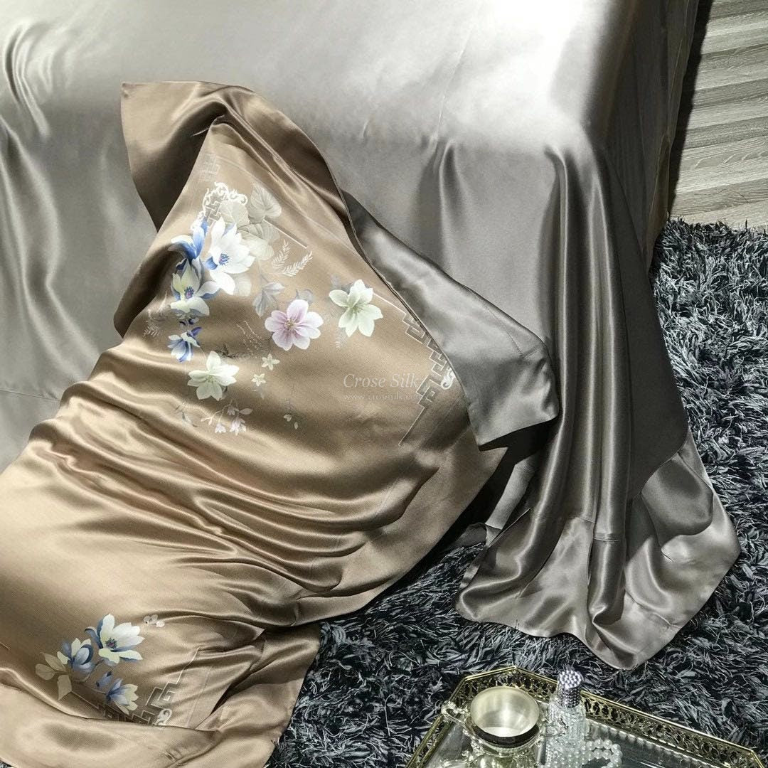 BLOSSOM Sun Kiss Dark Gold - 25 Momme Mulberry Silk Bedding,Silk Duvet Cover, Silk Fitted Sheet, Silk Flat Sheet, Silk Pillowcase, 100% SILK