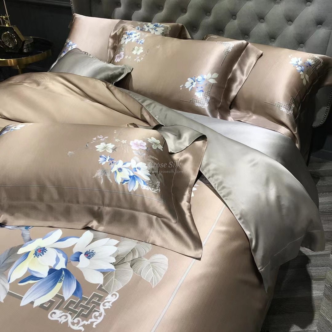 BLOSSOM Sun Kiss Dark Gold - 25 Momme Mulberry Silk Bedding,Silk Duvet Cover, Silk Fitted Sheet, Silk Flat Sheet, Silk Pillowcase, 100% SILK