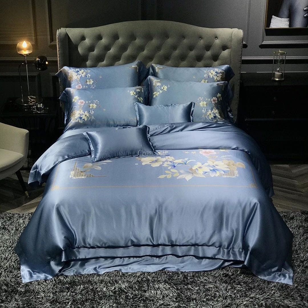 BLOSSOM Dusty Blue - 25 Momme Mulberry Silk Bedding,Silk Duvet Cover, Silk Fitted Sheet, Silk Flat Sheet, Silk Pillowcase, 100% SILK