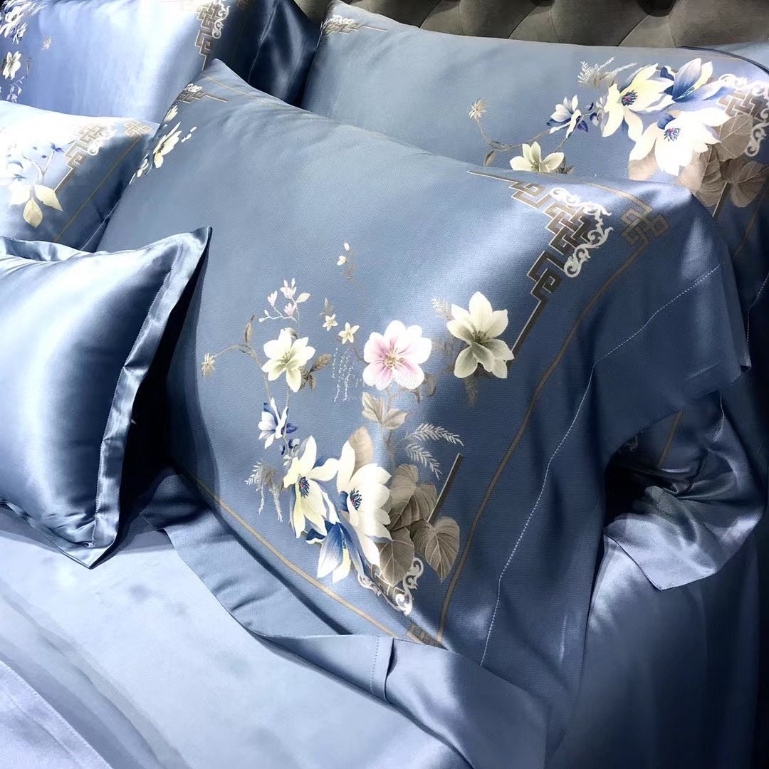 BLOSSOM Dusty Blue - 25 Momme Mulberry Silk Bedding,Silk Duvet Cover, Silk Fitted Sheet, Silk Flat Sheet, Silk Pillowcase, 100% SILK