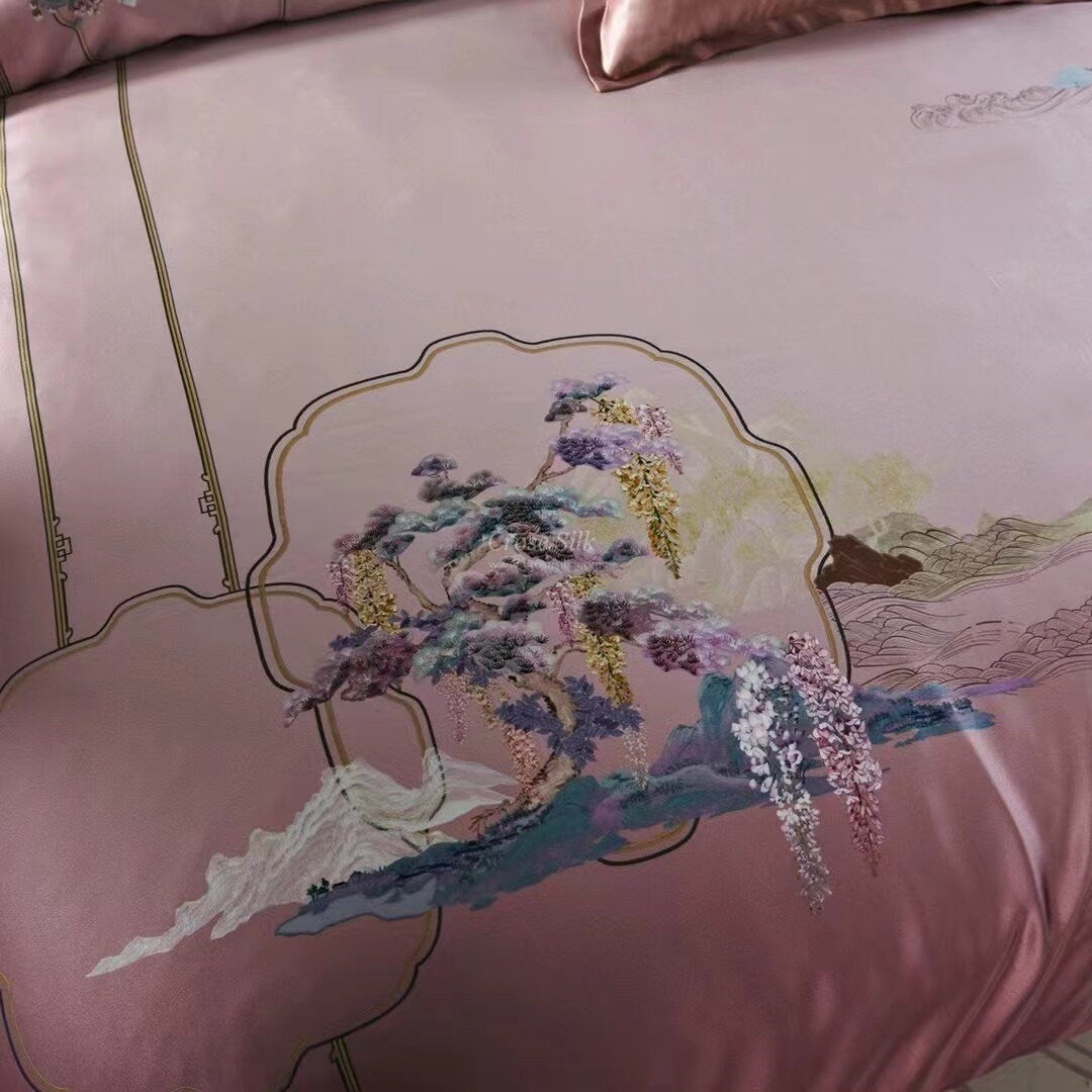 SCENERY Wistful Mauve - 25 Momme Mulberry Silk Bedding,Silk Duvet Cover, Silk Fitted Sheet, Silk Flat Sheet, Silk Pillowcase, 100% SILK