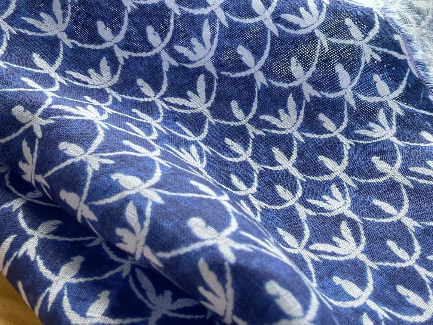 LNYDLLN - Digtital Print Birds Indigo Dye Style Linen Fabric - 130cm wide by the Yard