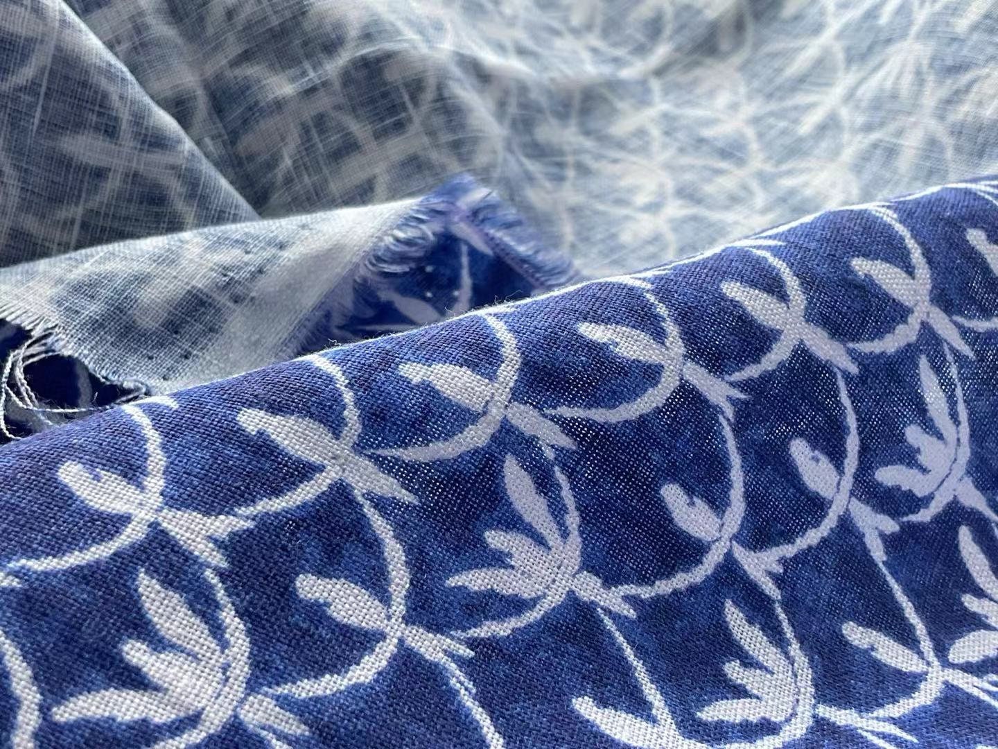 LNYDLLN - Digtital Print Birds Indigo Dye Style Linen Fabric - 130cm wide by the Yard