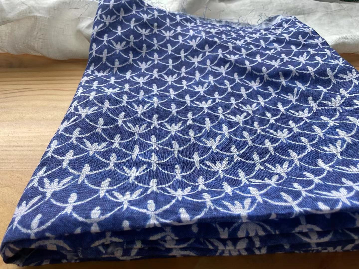 LNYDLLN - Digtital Print Birds Indigo Dye Style Linen Fabric - 130cm wide by the Yard