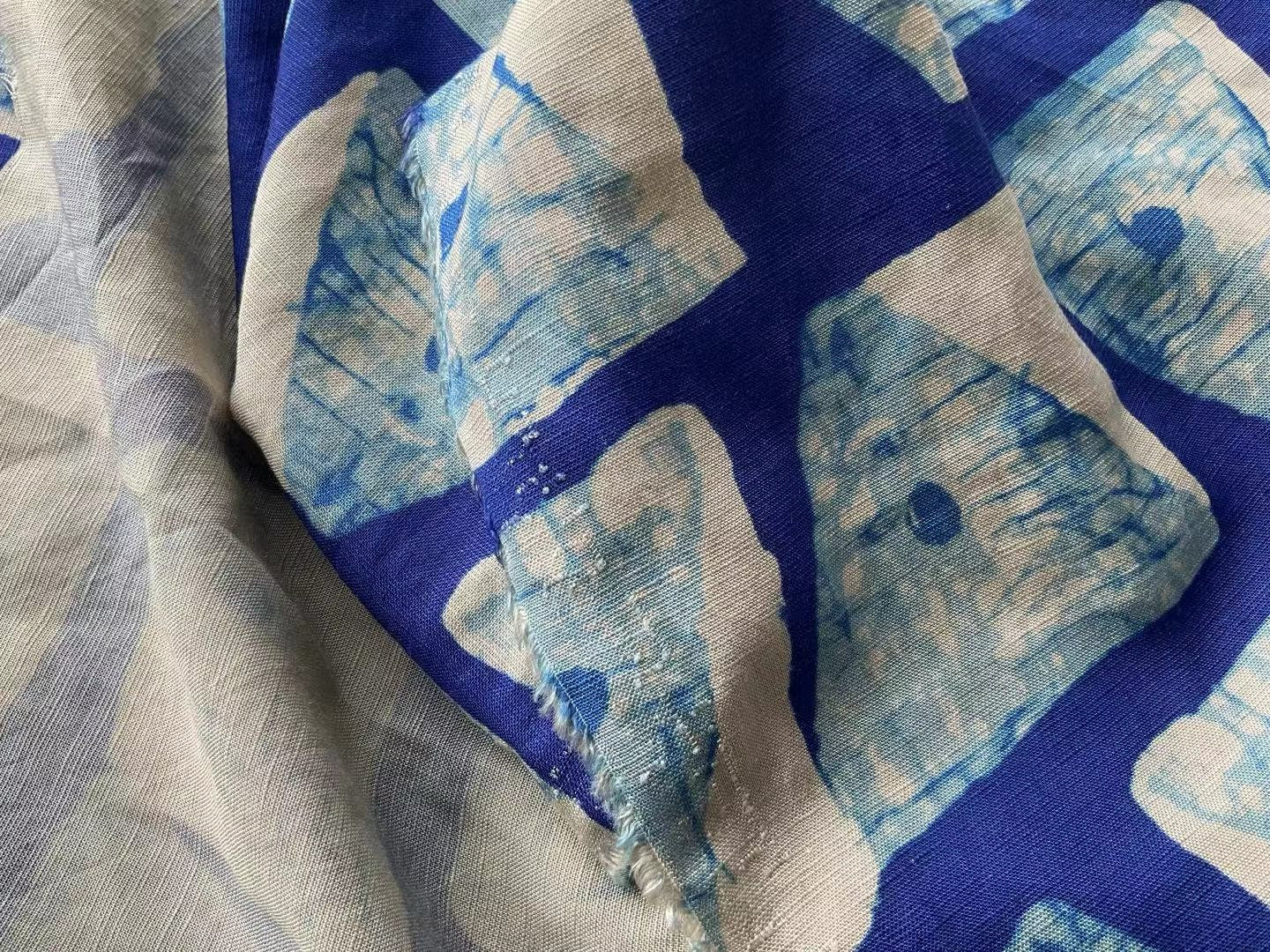 LNYDLBSL - Digtital Print Beige Background Indigo Dye Style Linen Fabric - 140cm wide by the Yard