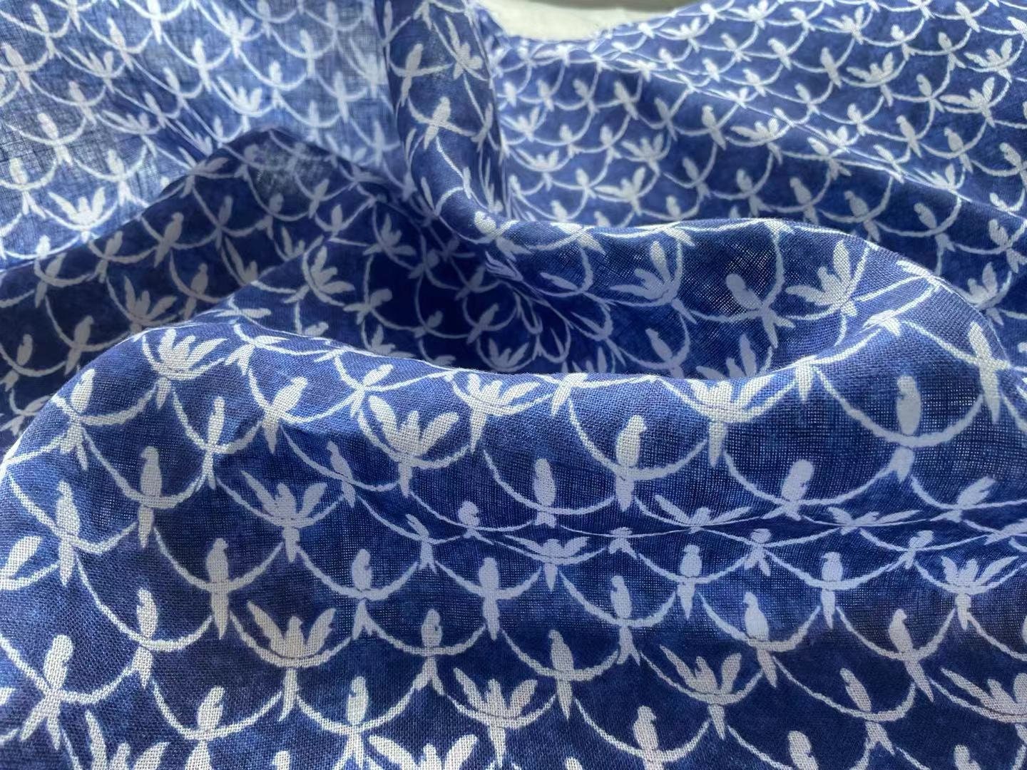 LNYDLLN - Digtital Print Birds Indigo Dye Style Linen Fabric - 130cm wide by the Yard