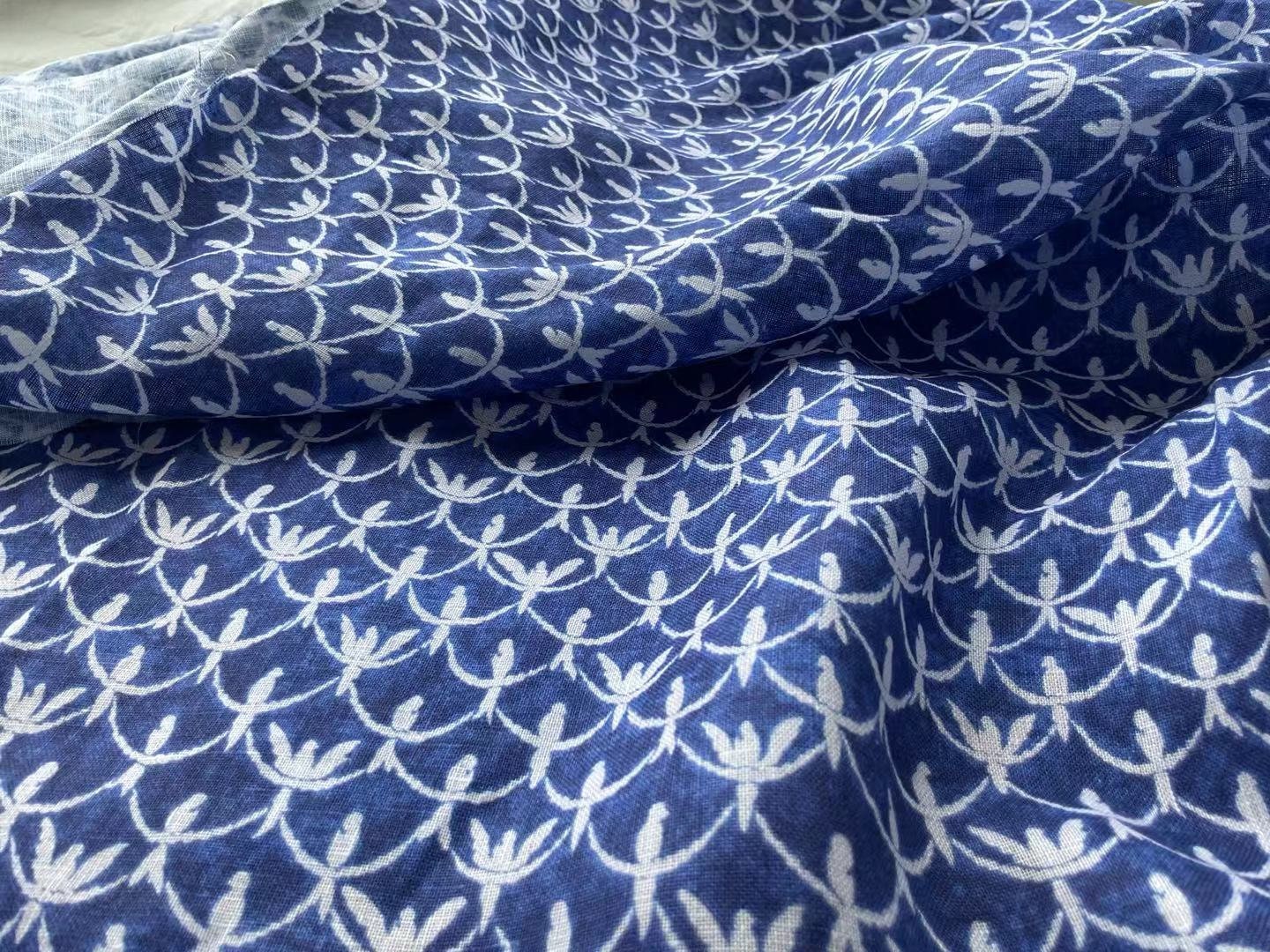 LNYDLLN - Digtital Print Birds Indigo Dye Style Linen Fabric - 130cm wide by the Yard