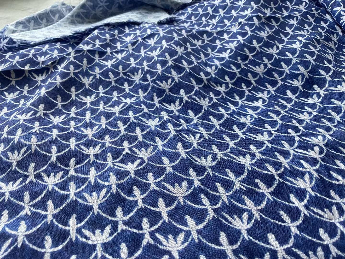 LNYDLLN - Digtital Print Birds Indigo Dye Style Linen Fabric - 130cm wide by the Yard