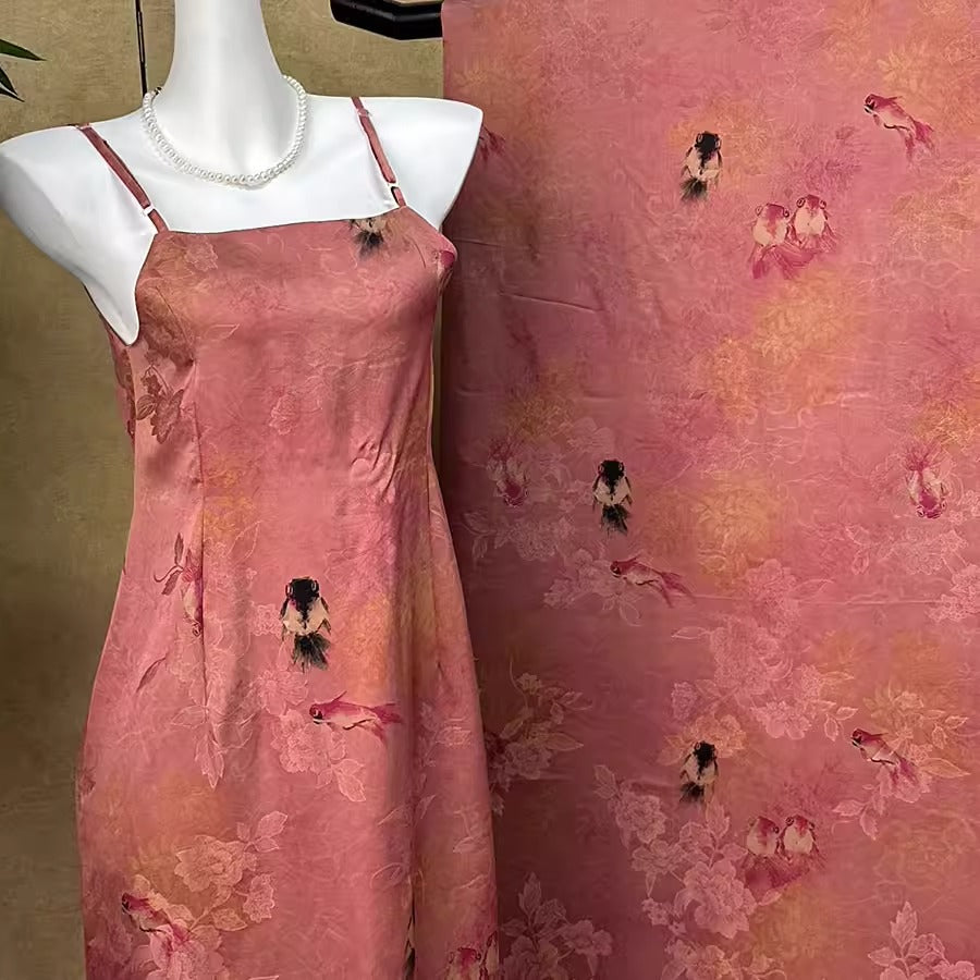 XYHYS 粉色锦鲤- Jacquard HUALUO Hongyunsha silk fabric, 26 momme openwork texture, 110cm by the Yard