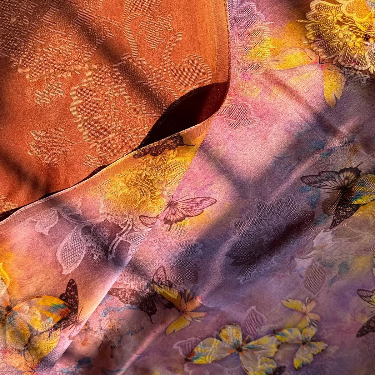 XYHYS粉紫色蝴蝶 - Jacquard HUALUO Hongyunsha silk fabric, 25 momme openwork texture, 110cm by the Yard
