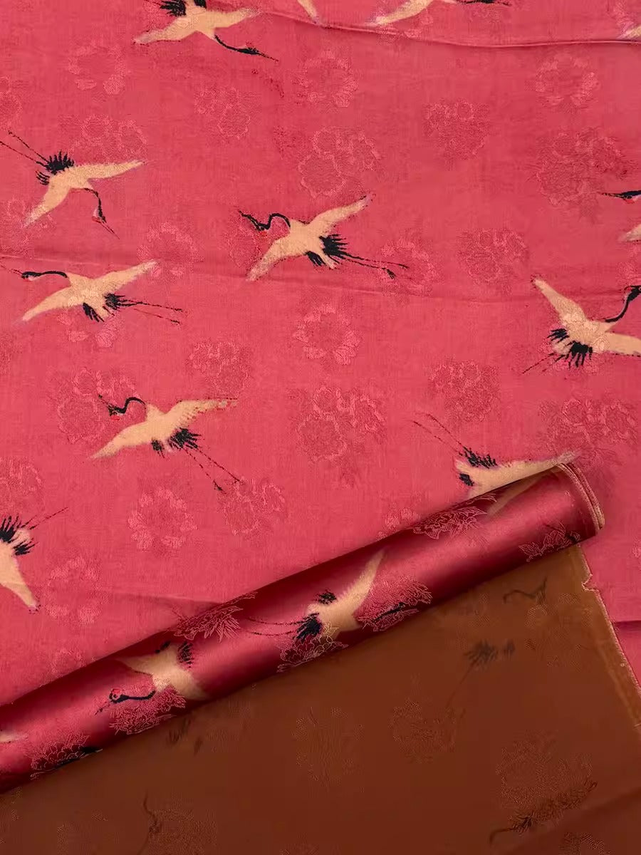 XYHYS 紫色瑞鹤图- Jacquard HUALUO Hongyunsha silk fabric, 26 momme openwork texture, 110cm by the Yard