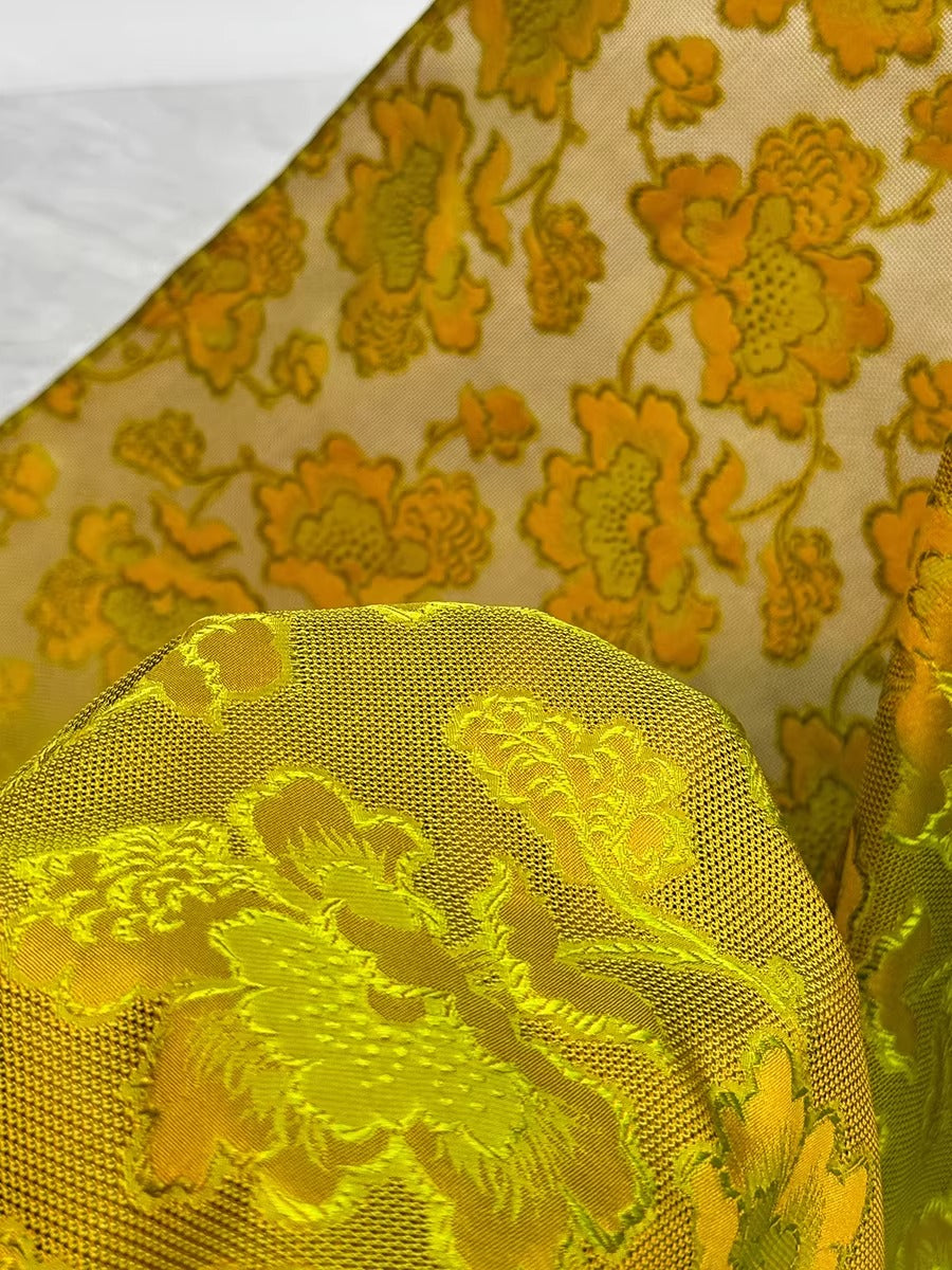 李德喜。四经八纬色织罗XYLN005 - Leno silk fabric, yellow peony , 25 momme 114cm wide by the yard