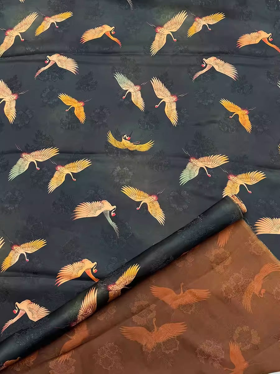XYHYS 紫色瑞鹤图- Jacquard HUALUO Hongyunsha silk fabric, 26 momme openwork texture, 110cm by the Yard