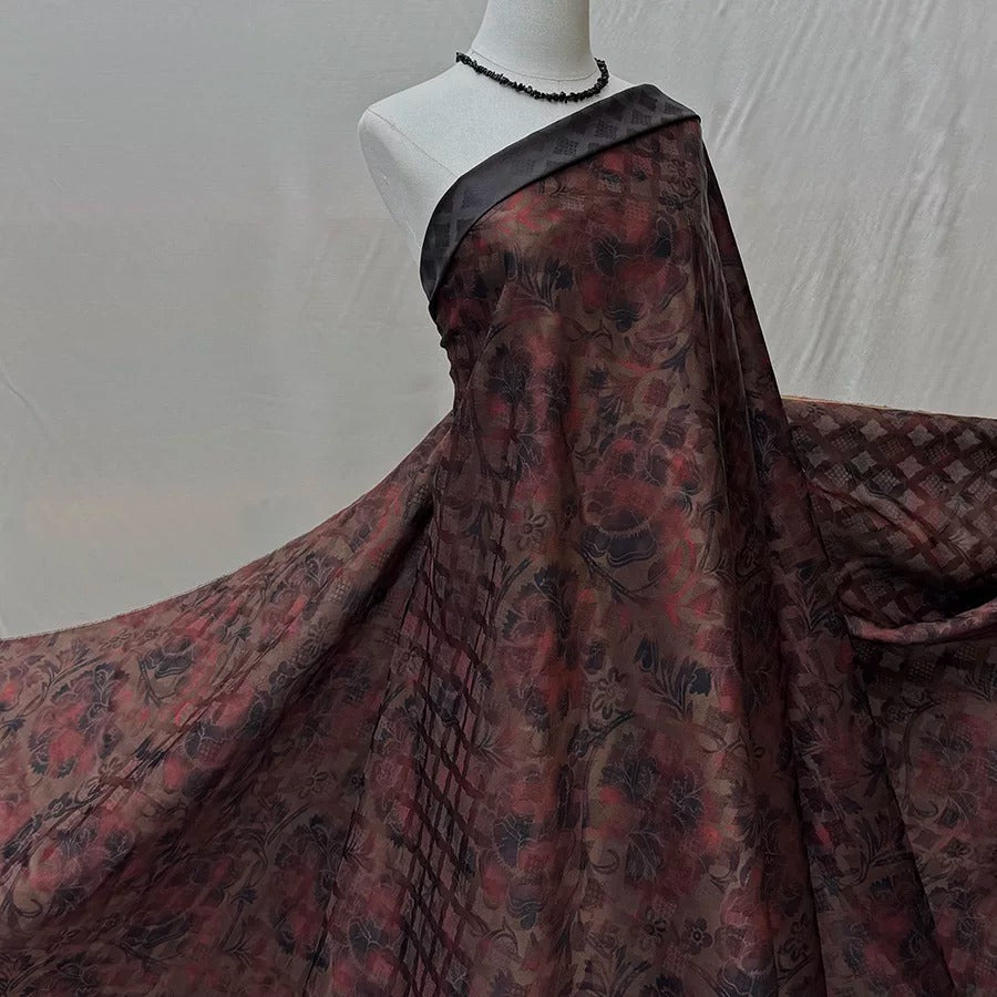 古铜花影 Mud Silk fabric, Jacquard HUALUO, 25 momme 110cm wide by the Yard