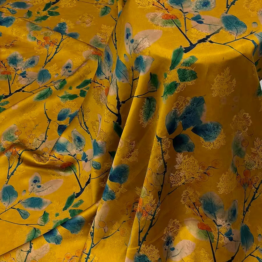 XYHYS 春韵花枝- Jacquard HUALUO Hongyunsha silk fabric, 25 momme openwork texthture, 110cm by e Yard