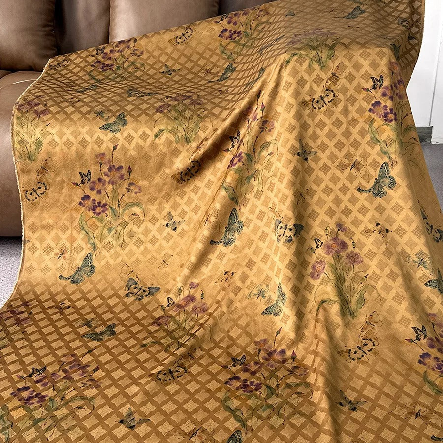 蝶舞花间 Mud Silk fabric, Jacquard HUALUO, 25 momme 110cm wide by the Yard