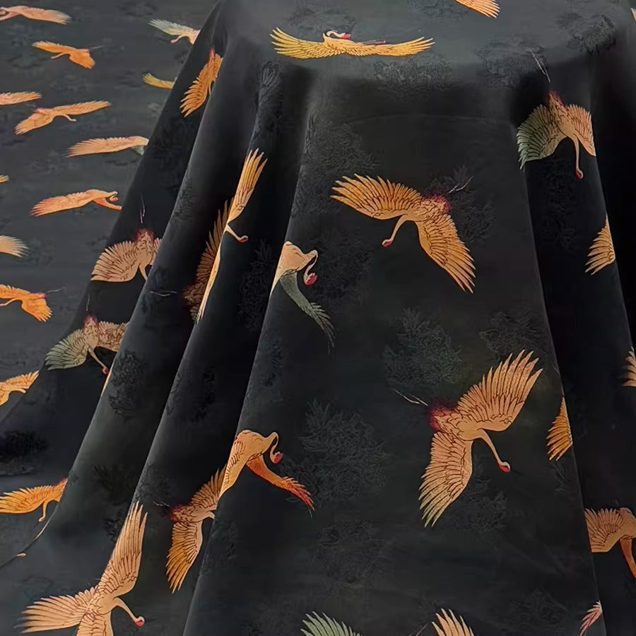 XYHYS 翠墨瑞鹤- Jacquard HUALUO Hongyunsha silk fabric, 25 momme openwork texthture, 110cm by e Yard
