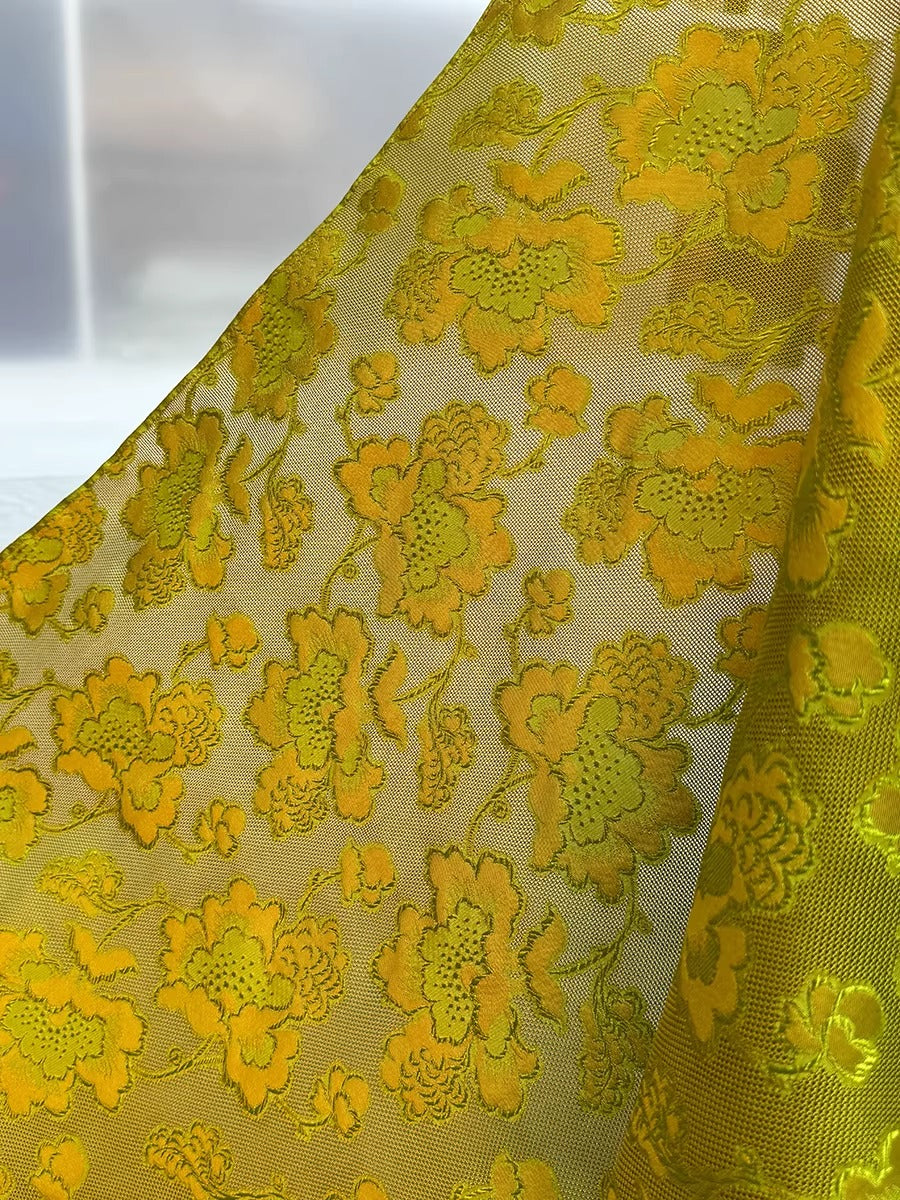 李德喜。四经八纬色织罗XYLN005 - Leno silk fabric, yellow peony , 25 momme 114cm wide by the yard