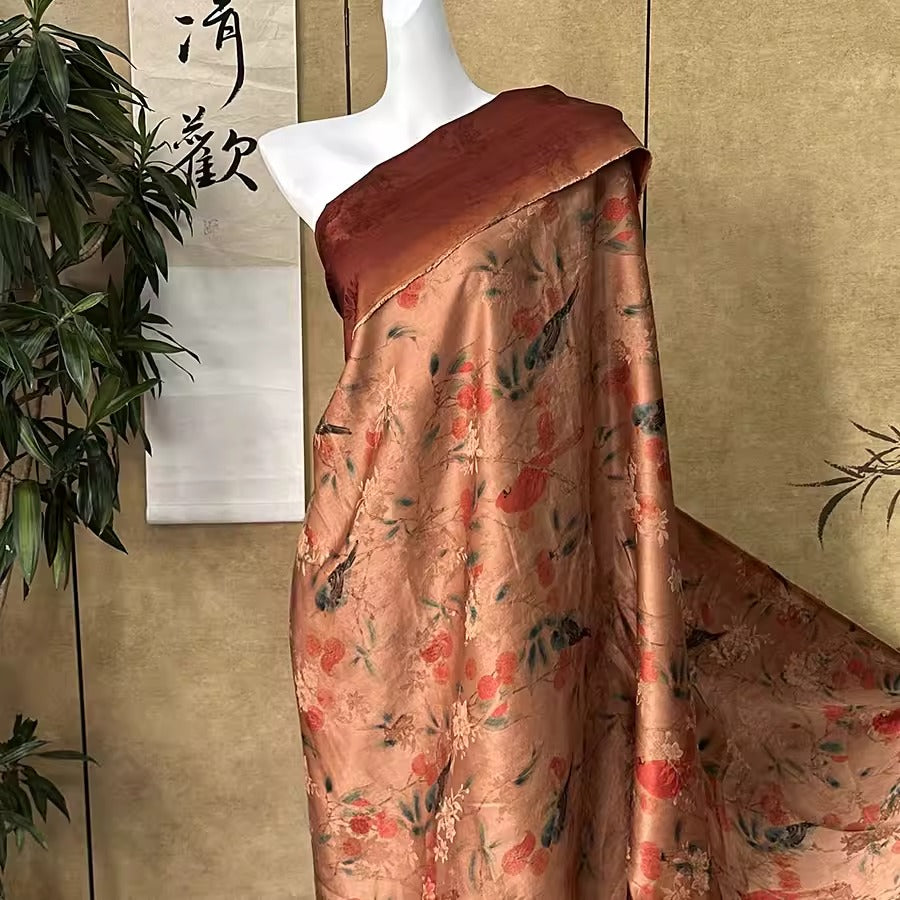 XYHYS 荔枝花鸟- Jacquard HUALUO Hongyunsha silk fabric, 26 momme openwork texture, 110cm by the Yard