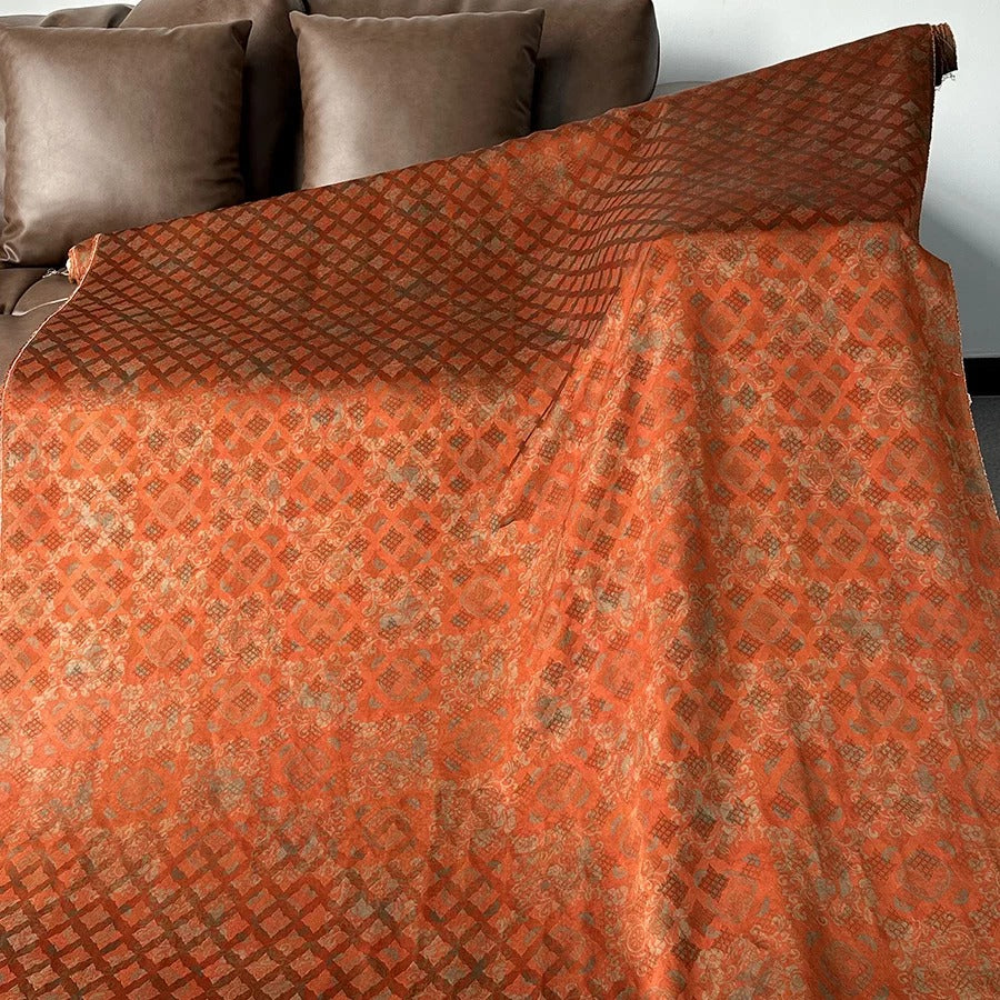 柿染花格 Mud Silk fabric, Jacquard HUALUO, 25 momme 110cm wide by the Yard