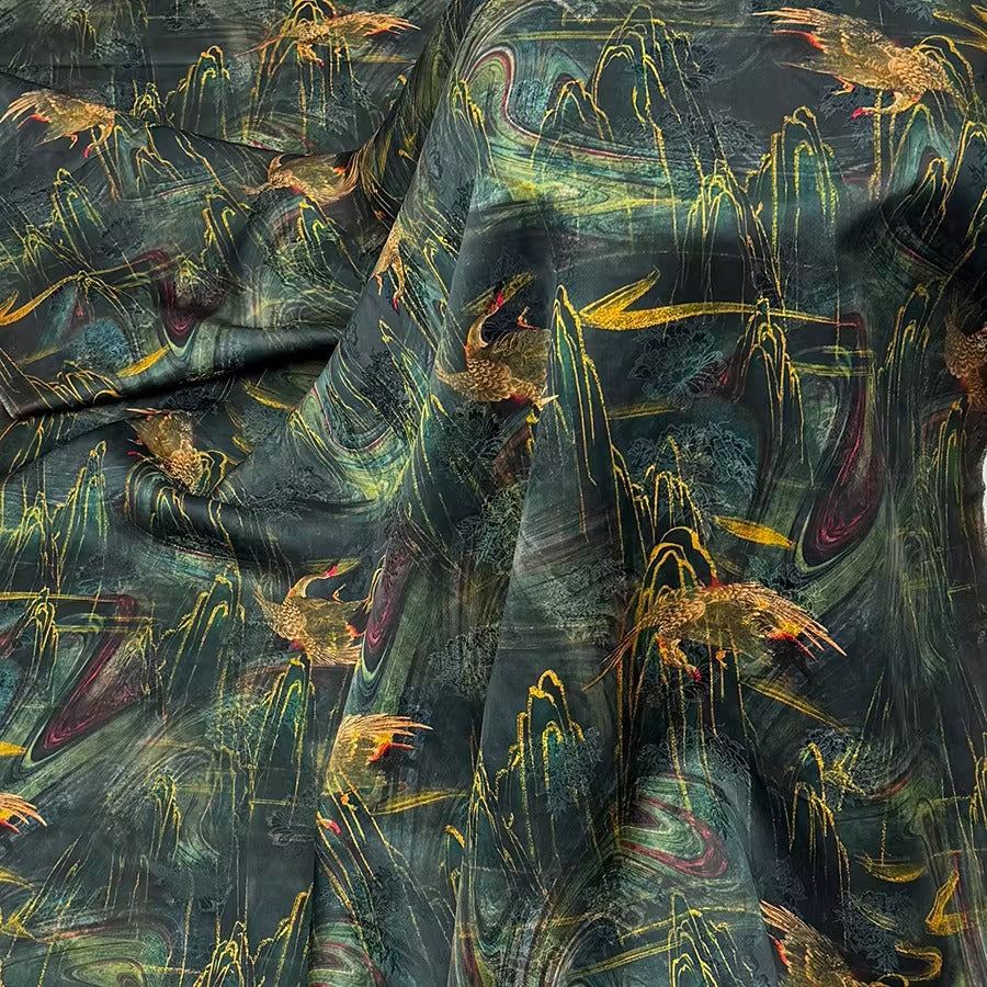 XYHYS 墨染金鹤- Jacquard HUALUO Hongyunsha silk fabric, 25 momme openwork texthture, 110cm by e Yard