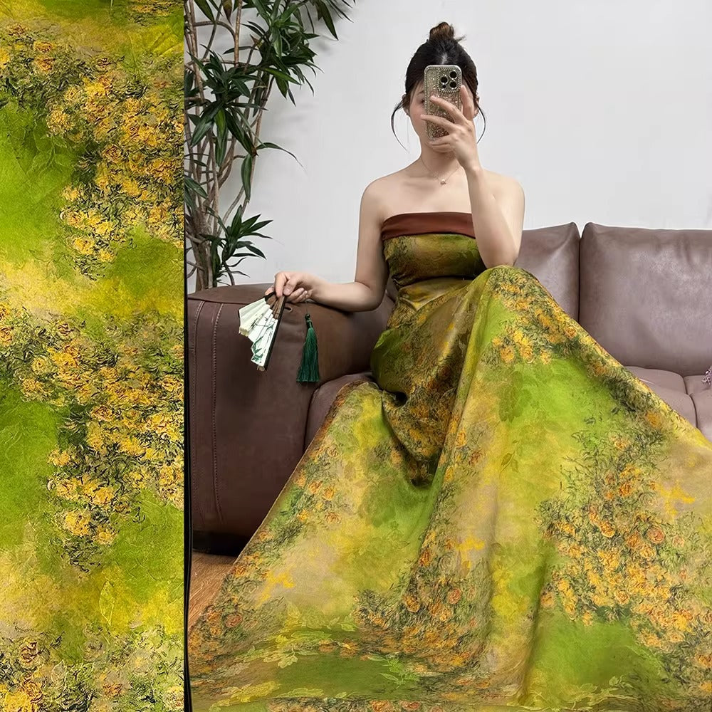 XYHYS 绿底黄玫瑰- Jacquard HUALUO Hongyunsha silk fabric, 25 momme openwork texture, 110cm by the Yard