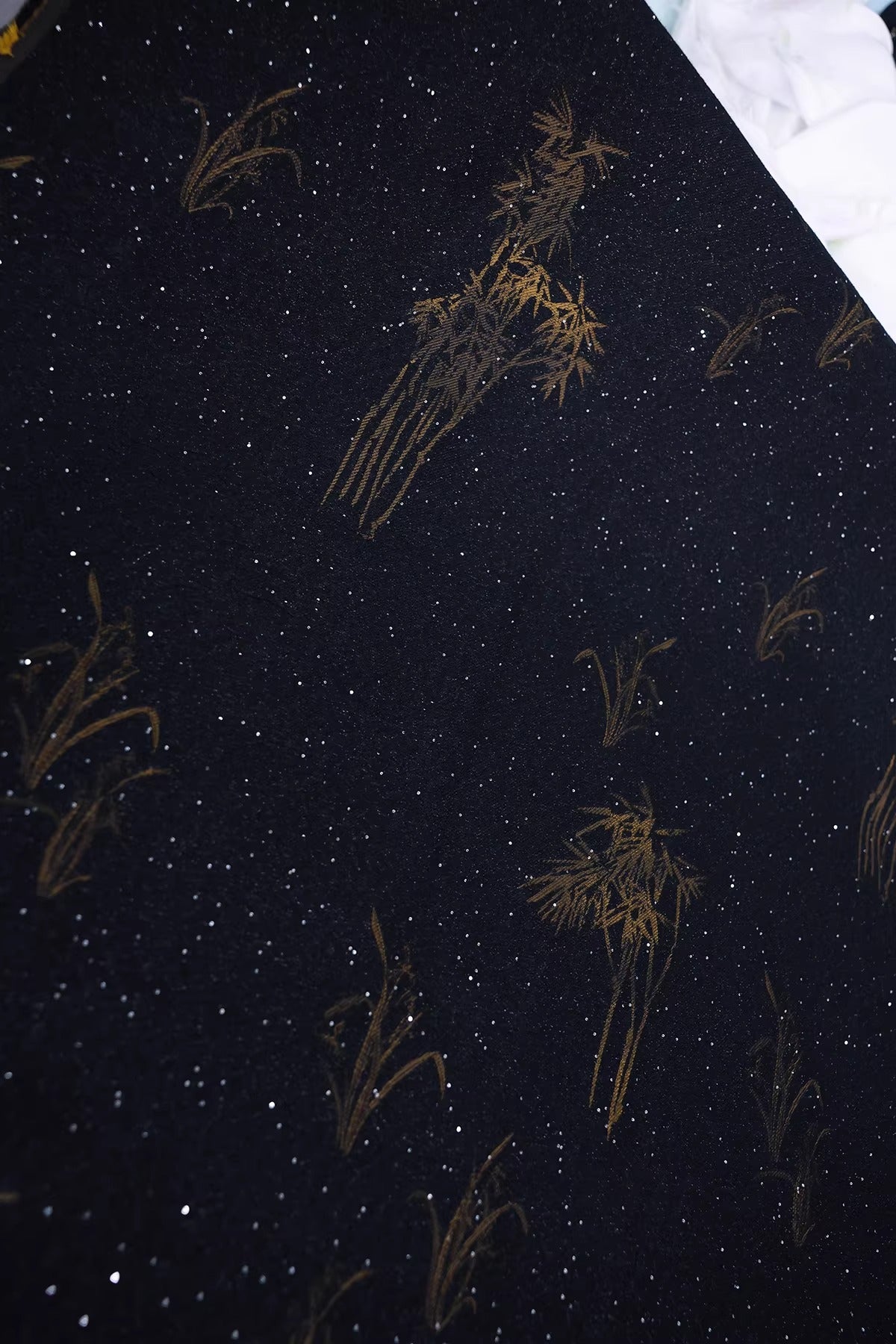 SJKSM010- Jacquard silk wool blend fabric, 53 momme ,ink black, 135cm wide by the yard