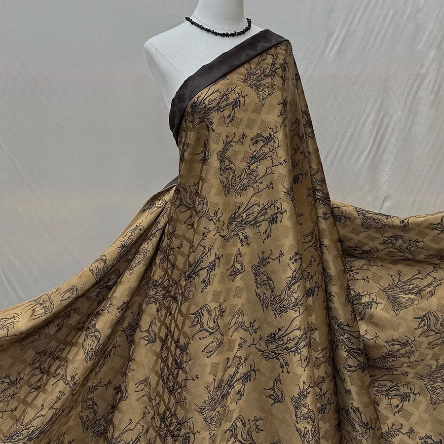 松鹤图 Mud Silk fabric, Jacquard HUALUO, 25 momme 110cm wide by the Yard