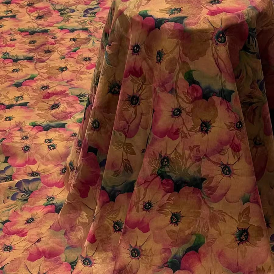 XYHYS 柔粉花韵- Jacquard HUALUO Hongyunsha silk fabric, 25 momme openwork texthture, 110cm by e Yard
