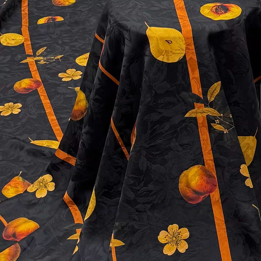 XYHYS 黑底桃果- Jacquard HUALUO Hongyunsha silk fabric, 25 momme openwork texthture, 110cm by e Yard