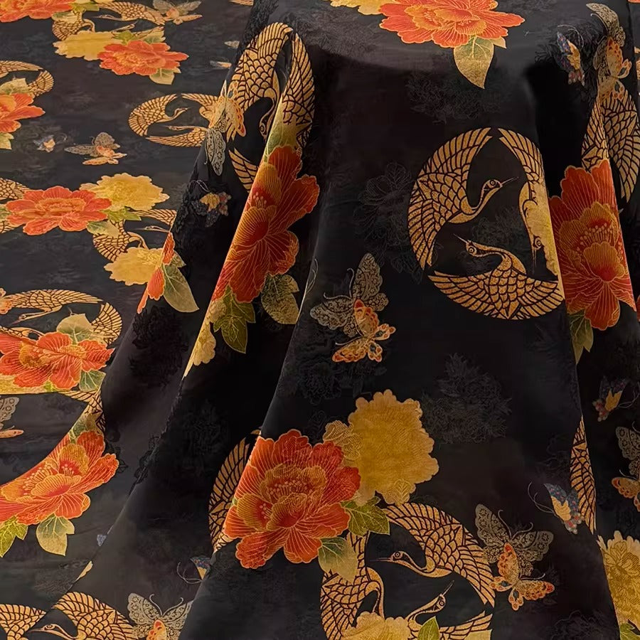 XYHYS 黑韵金凰花- Jacquard HUALUO Hongyunsha silk fabric, 25 momme openwork texthture, 110cm by e Yard