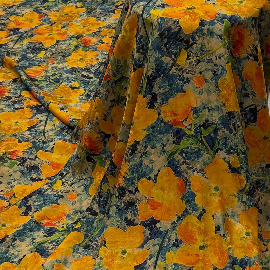 XYHYS 油画黄花- Jacquard HUALUO Hongyunsha silk fabric, 25 momme openwork texthture, 110cm by e Yard