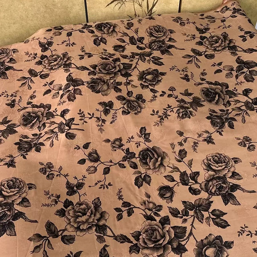 褐金牡丹绘 Mud Silk fabric, Jacquard HUALUO, 25 momme 110cm wide by the Yard