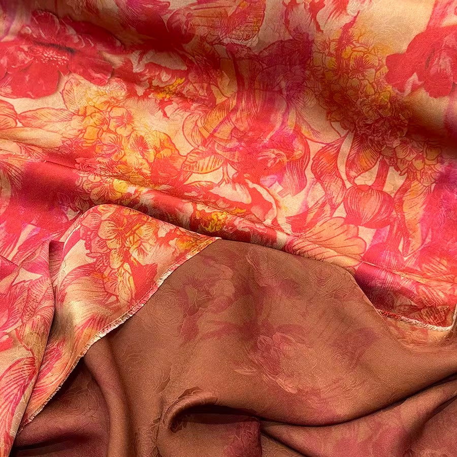 XYHYS 红色大花- Jacquard HUALUO Hongyunsha silk fabric, 25 momme openwork texthture, 110cm by e Yard