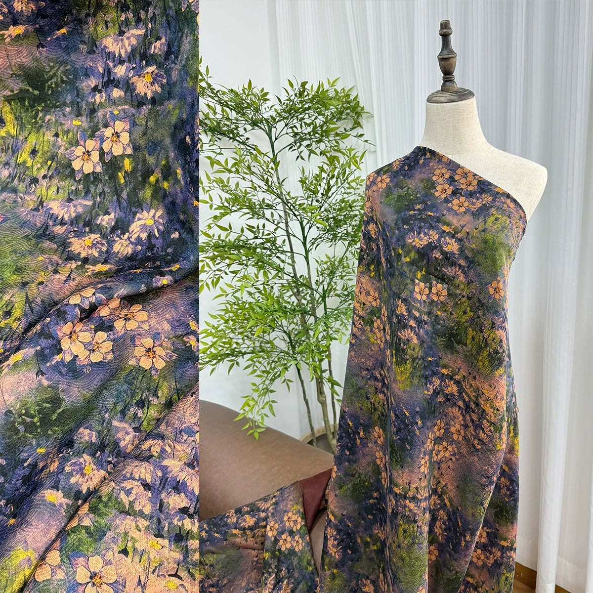 XYSHLM - Plant dyed HongYunSha Silk fabric, Openwork HUALUO, 25 momme 110cm wide by the Yard