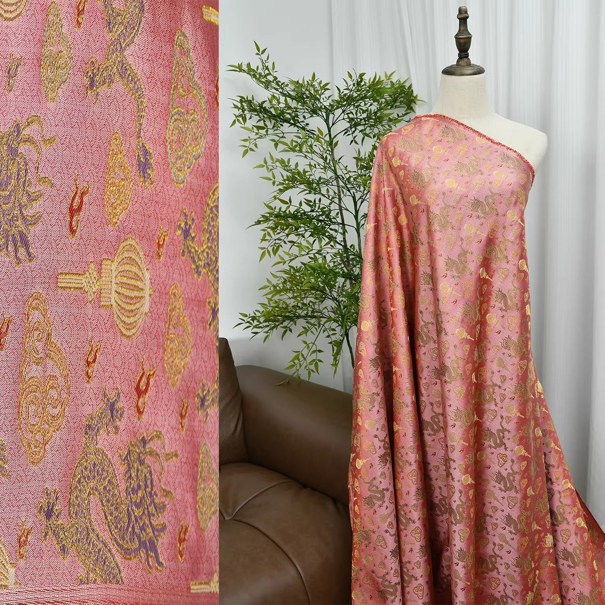 XYLDXSJ 龙纹织锦粉红 - Gilt-Thread Song Brocade 织金宋锦, 38 momme 140cm wide by the yard
