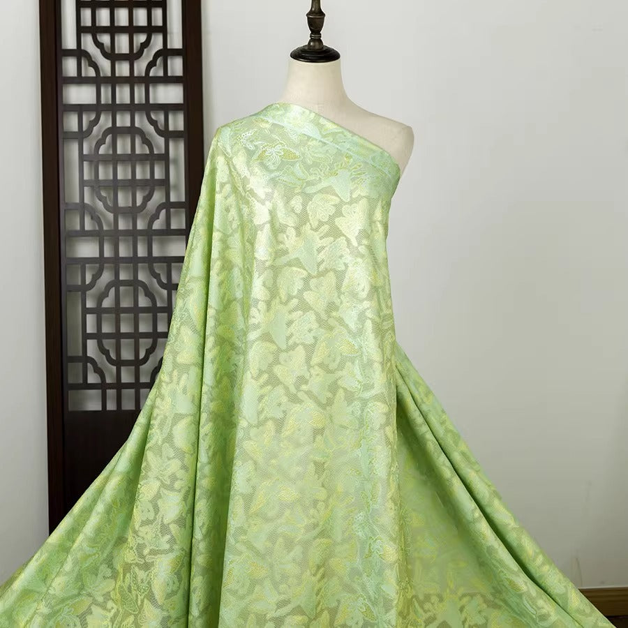 李德喜。四经八纬色织罗 XYLN012 - Leno silk fabric, yellow green butterfly, 25 momme 114cm wide by the yard