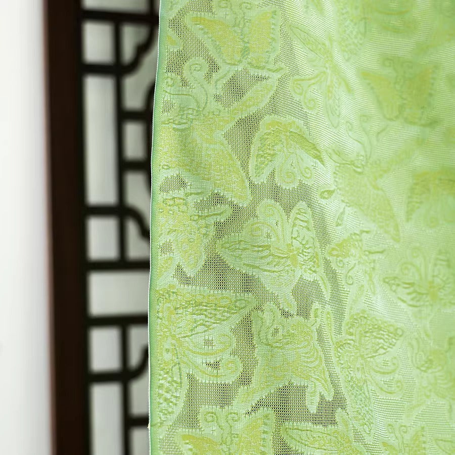 李德喜。四经八纬色织罗 XYLN012 - Leno silk fabric, yellow green butterfly, 25 momme 114cm wide by the yard