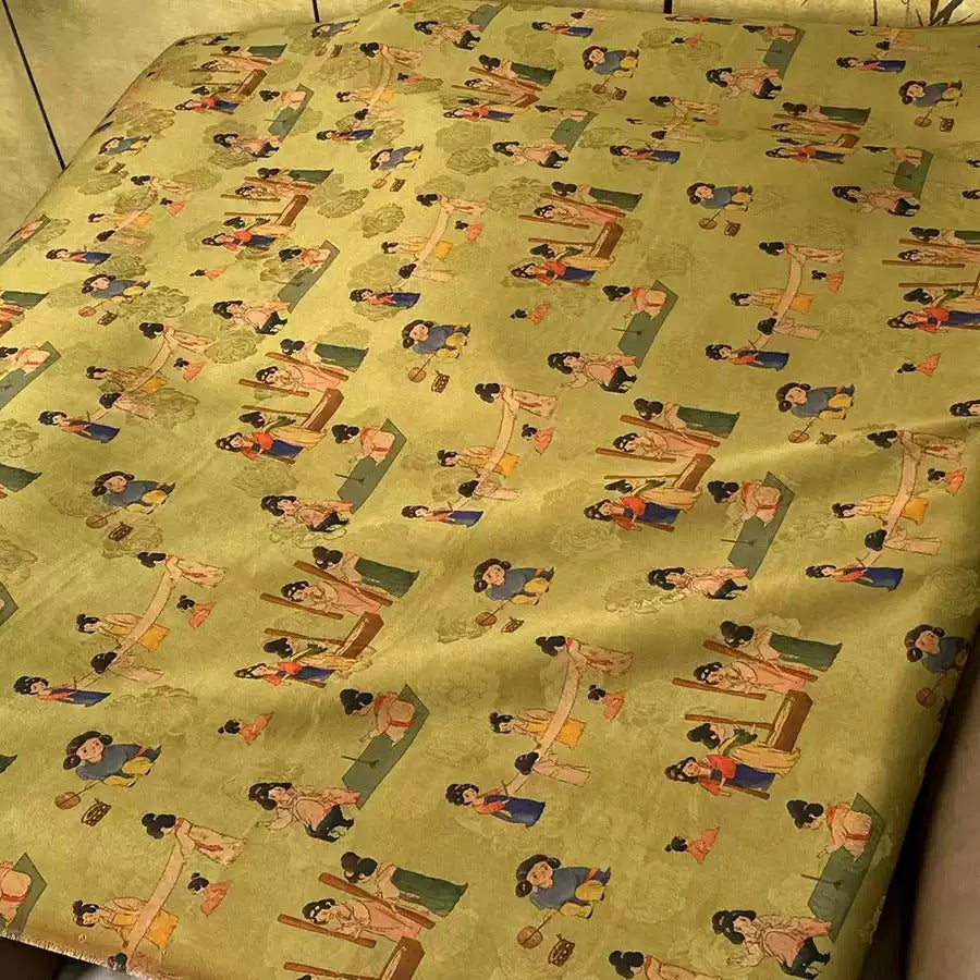 仕女捣练图 Mud Silk fabric, Jacquard HUALUO, 25 momme 110cm wide by the Yard