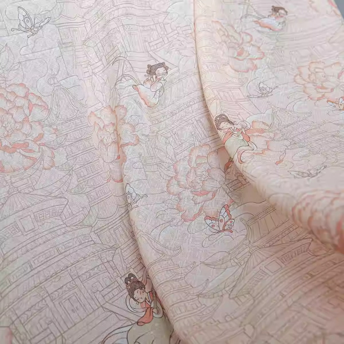 XYLN044 - Leno silk fabric with beautiful prints, A girl from the Tang Dynasty, 114cm wide by the yard