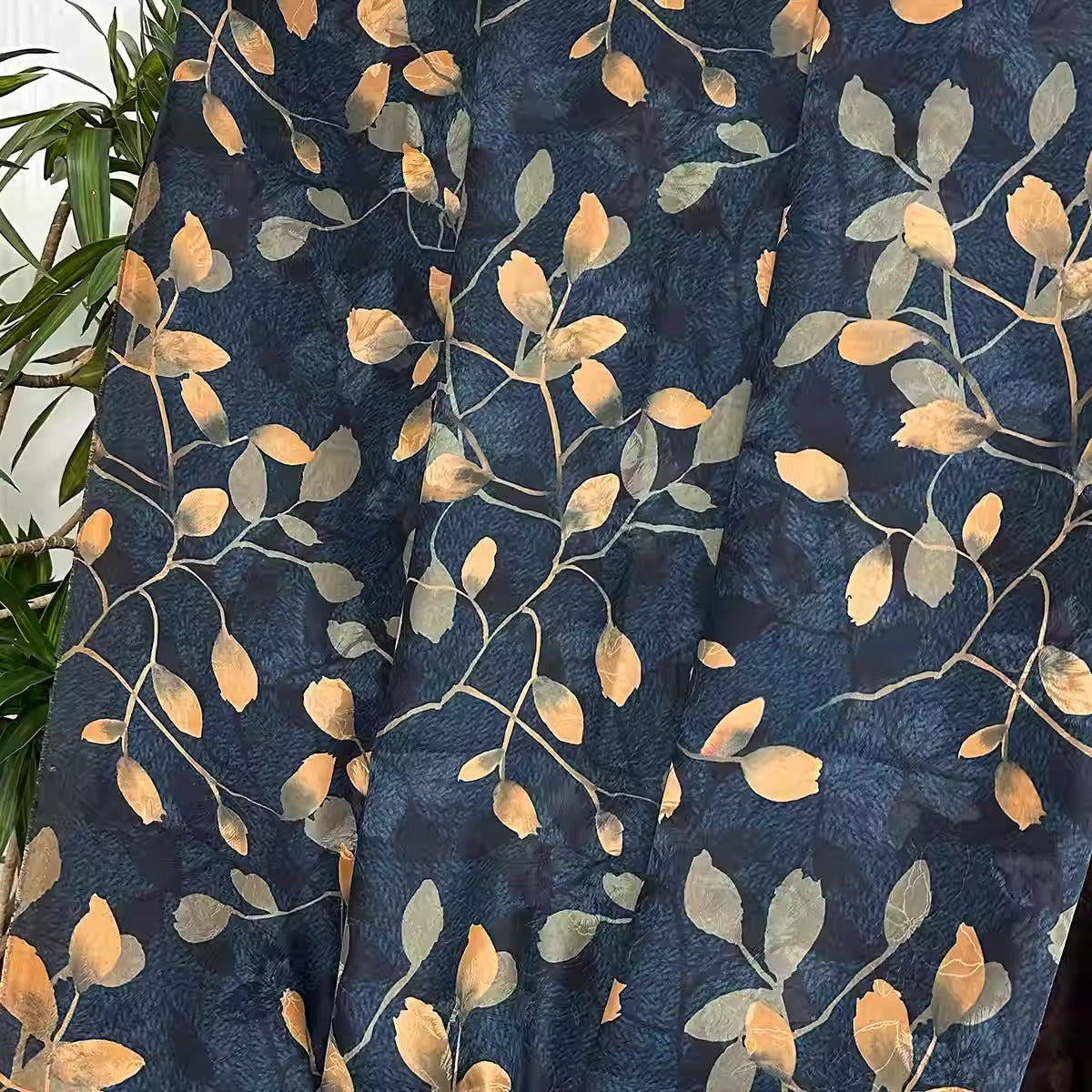 XYHYS 蓝底枝叶- Jacquard HUALUO Hongyunsha silk fabric, 26 momme openwork texture, 110cm by the Yard