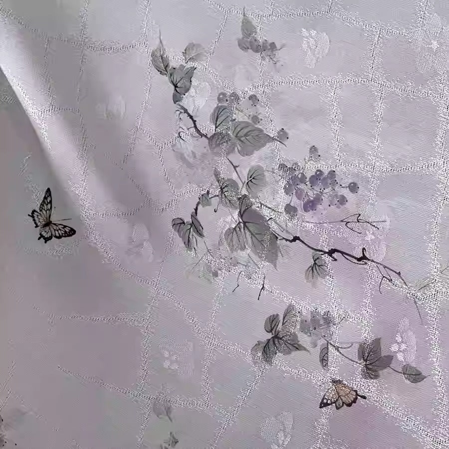 XYLN051 - Leno silk fabric with beautiful prints, Butterflies in Love with Flowers, 114cm wide by the yard