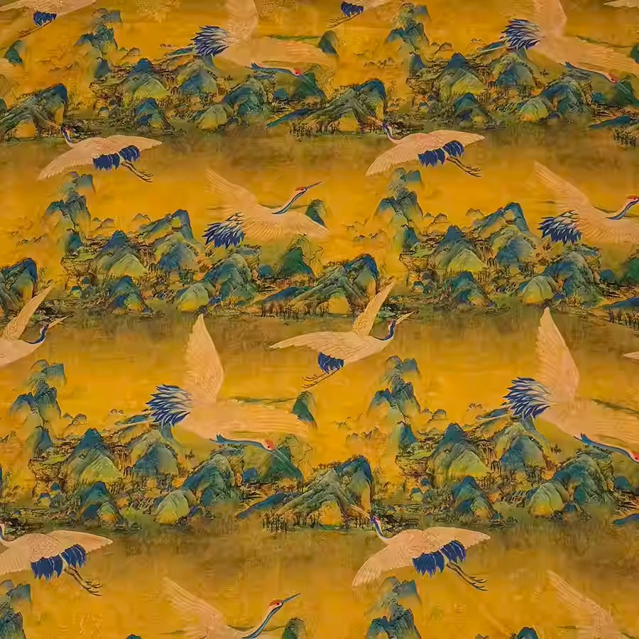 XYHYS 千山鹤影- Jacquard HUALUO Hongyunsha silk fabric, 25 momme openwork texthture, 110cm by e Yard