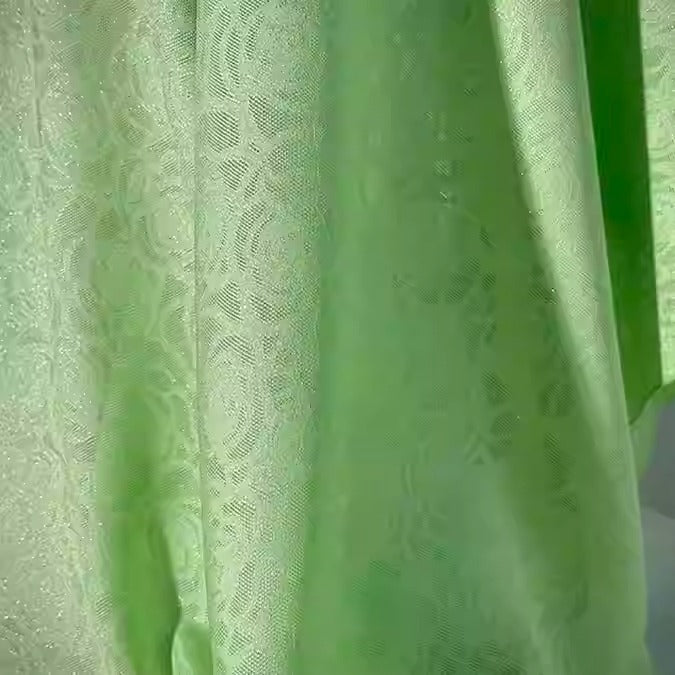 XYLN027 - Leno silk fabric, Gold weave, green rose, 114cm wide by the yard