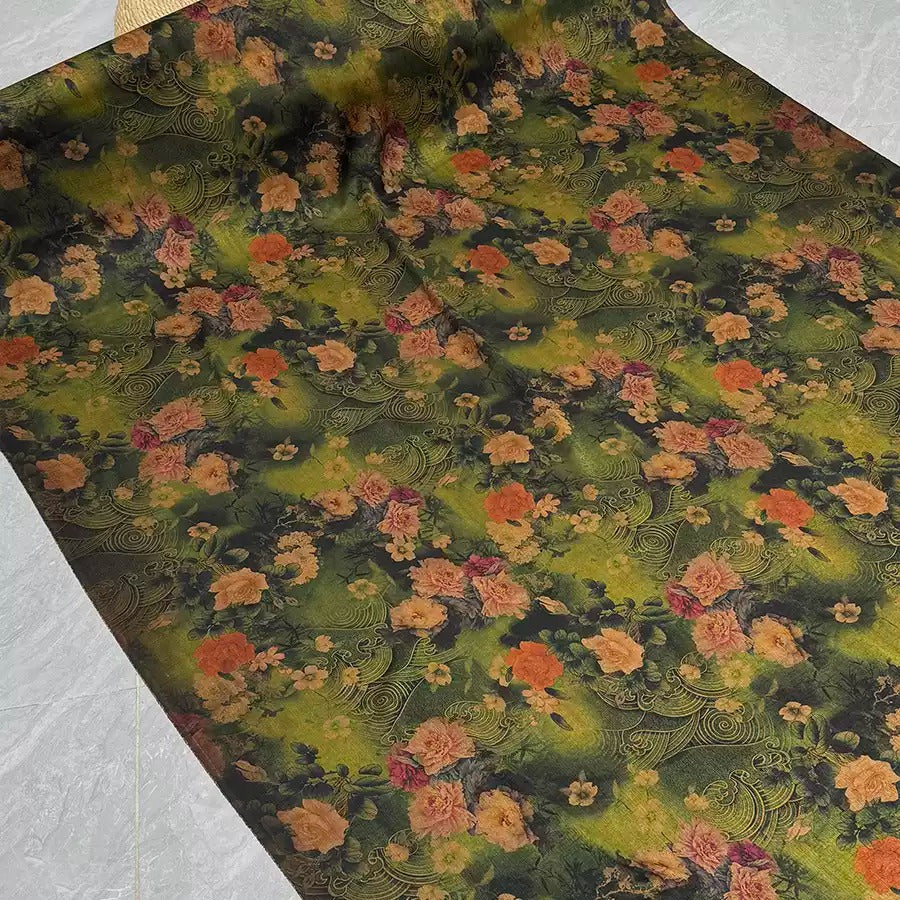 绿底牡丹 Mud Silk fabric, Jacquard HUALUO, 25 momme 140cm wide by the Yard