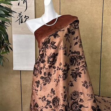 褐金牡丹绘 Mud Silk fabric, Jacquard HUALUO, 25 momme 110cm wide by the Yard